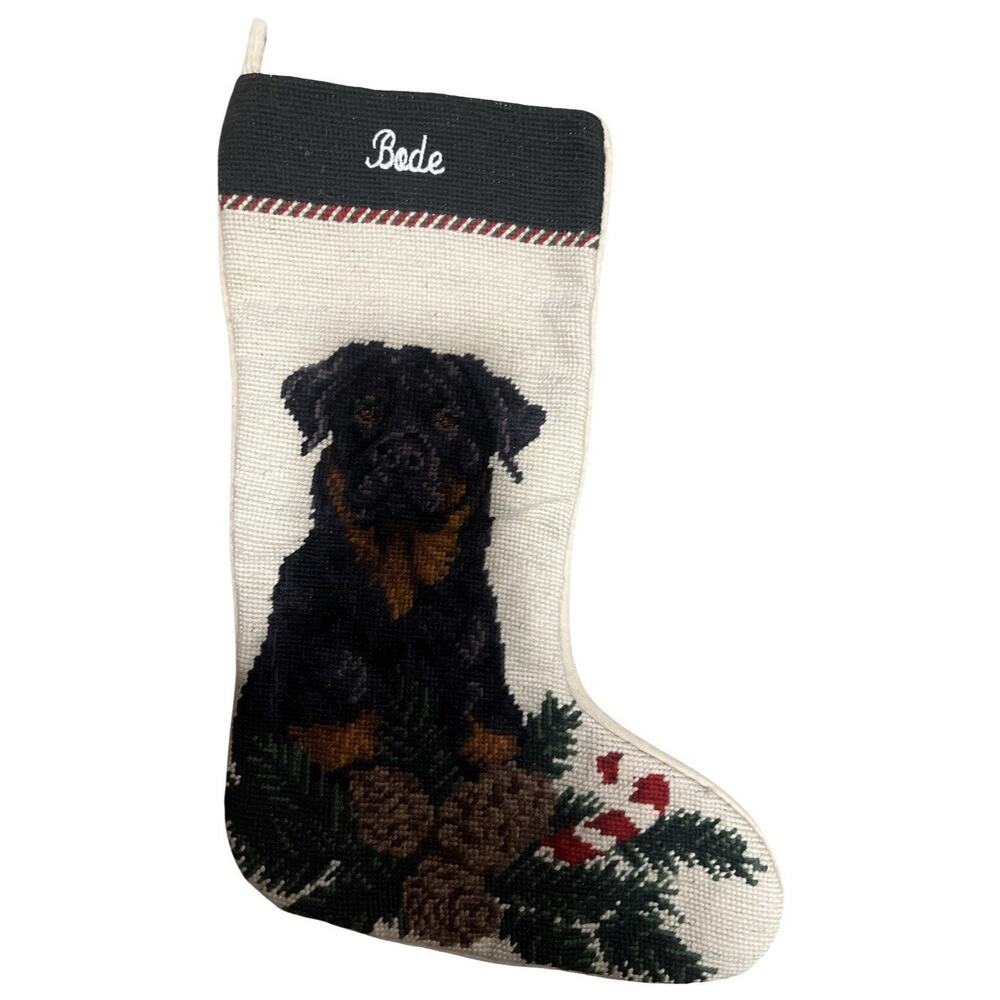 Orvis Rottweiler Dog Needlepoint Christmas Stocking 100% Wool Personalized Bade